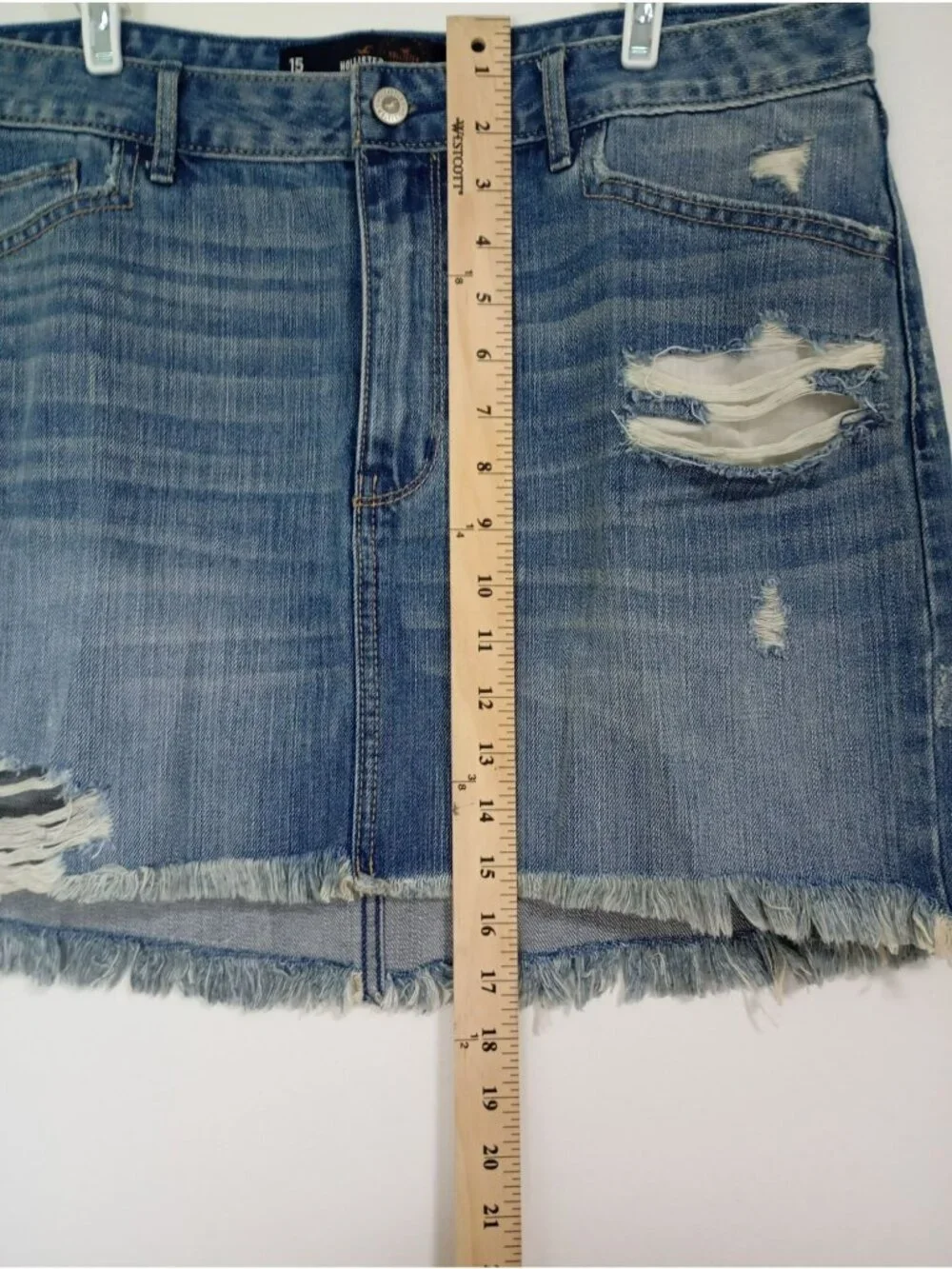 Hollister Distressed Denim Mini Skirt Size 15 Frayed Hem Blue Cotton Casual